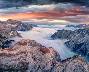 Dolomiten Prints: Foggy autumn view from flying drone of Tre Cime Di Lavaredo National Park