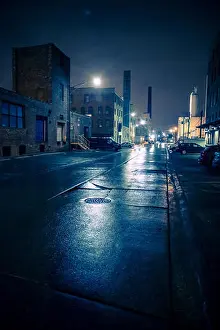 Smokestack Prints: Foggy industrial urban street city night scenery in Chicago with vintage warehouses