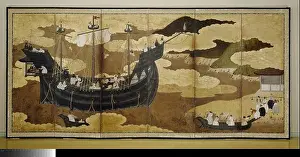 1600s Prints: Folding Screen with the Arrival of a Portuguese Ship