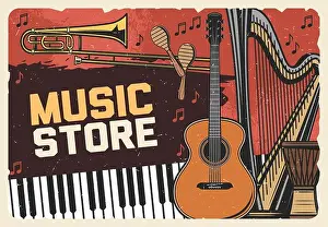 Folk Music Prints: Folk music instruments store, vector vintage retro poster with guitar