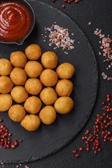 Dairy Product Prints: Food, Cheese or potato balls breaded with salt, spices and herbs. Fast food, junk food