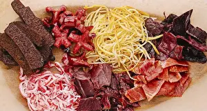 Arranged Prints: Food, A display of assorted dried meats and snacks is arranged on a platter