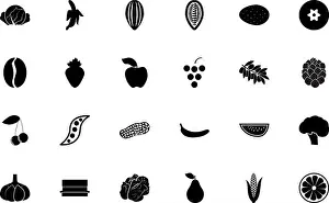 Watermelon Prints: Food fruit vegetables black color set solid style vector illustration
