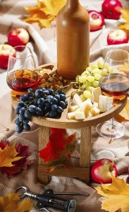 Nutrition Prints: Food, Two glasses of wine and snacks - parmesan cheese and camembert (brie)