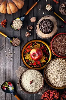 Lent Prints: Food Ingredients in Russian traditional dish with hohloma on Shrovetide holidays