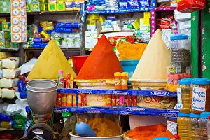 Medina Prints: Food and spice store, Souk Medina of Fez, Fes el Bali. Morocco, Maghreb North Africa