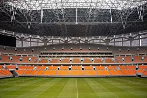 Green Field Prints: Empty Football Soccer stadium Day time, Arena with Empty chair & spectator Audience stand
