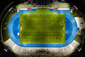 Football Match Prints: Football stadium at night light, top down view on soccer players