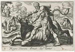 in the foreground the river god Hercules barrel Acheloüs in the form of a bull by the horns