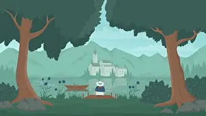 Castle Mountain Prints: Forest, island, wooden lake pier landscape vector illustration