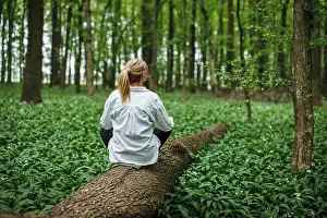 Lotus Position Prints: Forest therapy. Woman sitting on tree trunk in spring woodland