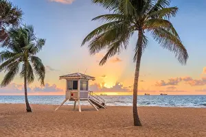 Fort Lauderdale, Florida, USA beach and life guard tower at sunrise