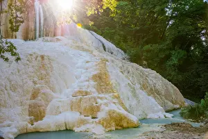 Motive Prints: Fosso Bianco near San Filippo, white calcified waterfall in the woods with turquoise thermal water