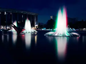 Financial District Prints: Fountains of the John Ferraro DWP building in downtown Los Angeles night photo lit water long exposure