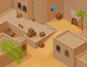 3d Vector Vectors Prints: Fragment of desert landscape with traditional mud brick houses isometric background vector illustration