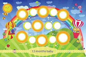 Frame for the child. My first year of life. 12 months of child development. Landscape of the sun. Vector illustration for your design