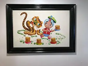 Stereotype Prints: Framed artwork depicting Sambo and tiger with pancakes inside Sambo's restaurant in Santa Barbara