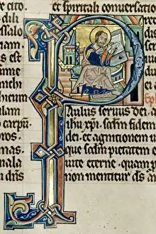 Français : Lettrines P représentant un copiste écrivant sur un parchemin à l'aide d'une plume d'un encrier et d'un