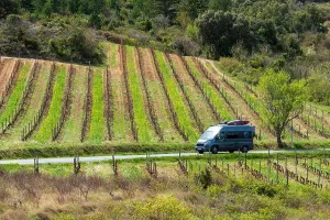 General View Prints: France, Aude, Cucugnan, motorhome in the vineyards