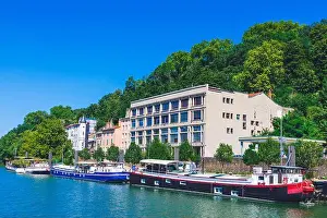Embankment Prints: France, Auvergne-Rhone-Alpes, Rhone, Lyon, barge on the banks of the Saone