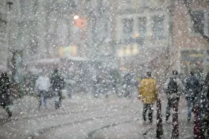 Snowfall Prints: France department Isere Grenoble Place Grenette street-scene snowfall winter city city view houses street people