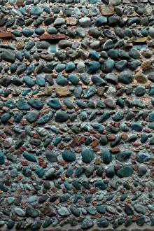 Pebble Prints: France, Pyrenees Atlantiques, Bearn, Lescar, detail of a river pebble wall