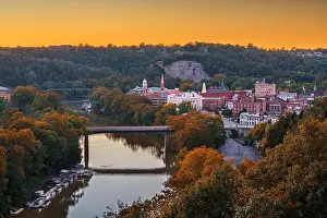 Frankfort, Kentucky, USA town skyline on the Kentucky River at dusk