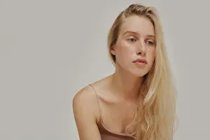 Freckles Prints: Freckles blonde Woman portrait. Close-up, blue eyed girl, perfect skin