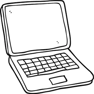 Computer Technology Prints: freehand drawn black and white cartoon laptop computer