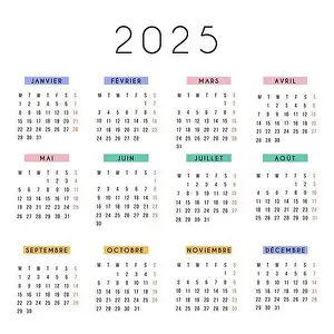 French calendar 2025 year. Vector stationery square calendar week starts Monday