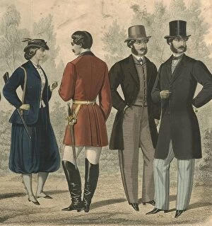 Eras of Dressing Collection: French handcoloured fashion plate showing shooting costume 1860
