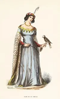 Egret Prints: French lady with pet falcon, 15th century