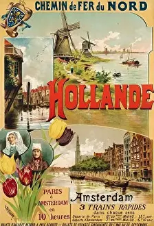 Holland Netherlands Prints: A French vintage travel poster for Holland and Amsterdam by train from Paris