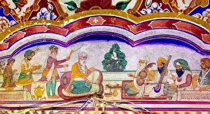 Punjab Prints: This fresco illustrates a Sikh ragi jatha (musical group) performing in the presence of Guru Amar Das