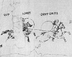 Ancient Art Prints: A fresco from Pompeii, featuring two fighters on horseback