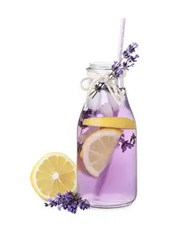 Dietary Prints: Fresh delicious lemonade with lavender and straw on white background