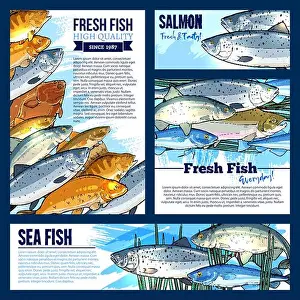 Trout Prints: Fresh fish posters and banners set for fish food and seafood market