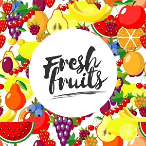 Fresh fruits. Vector background with juicy ripe fruit and berries, round composition, lettering. Flat style