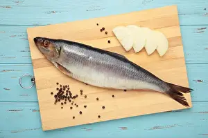 White Sea Prints: Fresh herring fish on cutting board on blue wooden background. Top view