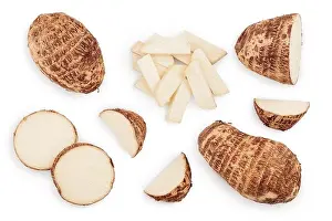 Flat Lay Prints: fresh taro root isolated on white background. Top view. Flat lay. Set or collection
