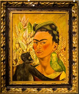 1942 Prints: Frida Kahlo Self-portrait with monkey and parrot