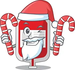 Friendly blood plastic bag dressed in Santa Cartoon character with Christmas candies