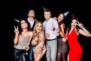 Fun People Prints: Friends making big party in the night. Six people having fun and drinking champagne