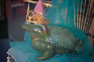 Frog Prints: Frog Prince sits on ornate chair and cushion in window of Aurora Valentinetti Puppet Museum in Bremerton Washington USA