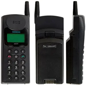Front, back and side view of a big, heavy, old Siemens gsm mobile phone on white background
