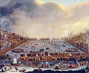 Frozen River Prints: Frost Fair on the Thames with Old London Bridge in the distance