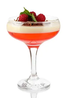 Glazed Prints: fruit jelly with chocolate and raspberries in glass isolated on white