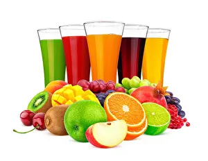 Mango Prints: Fruit juice concept, glasses of different juices and pile of fruits and berries isolated on white background