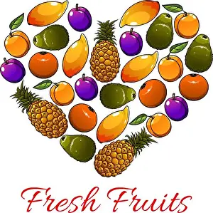 Mango Prints: Fruits poster. Vector heart shape of mango