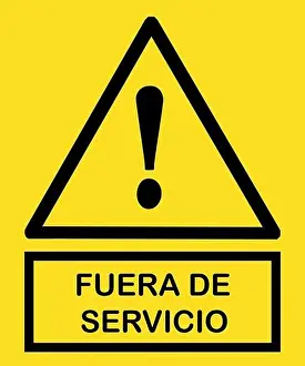Beware Prints: fuera de servicio señal : out of service sign with yellow triangle and exclamation point mark yellow banner